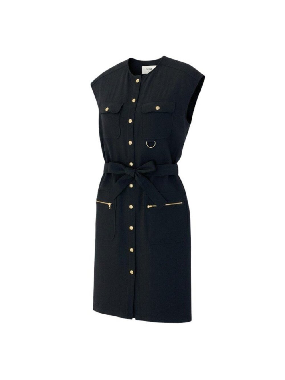Celine Army Dress Flare Sleeve Gold Button Black 34